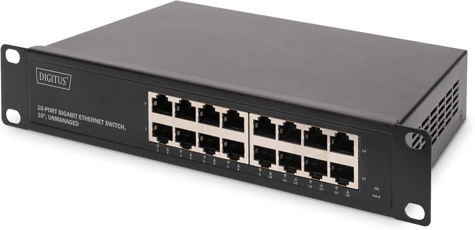 DIGITUS Netzwerk-Switch – 10 Zoll 1HE – 1 Gbit/s – 16 Ports – Unmanaged | 16x RJ45 – Auto MDI/MDI-X – Gigabit Ethernet – Für 10-Zoll (254 mm) Netzwerkschränke – Schwarz