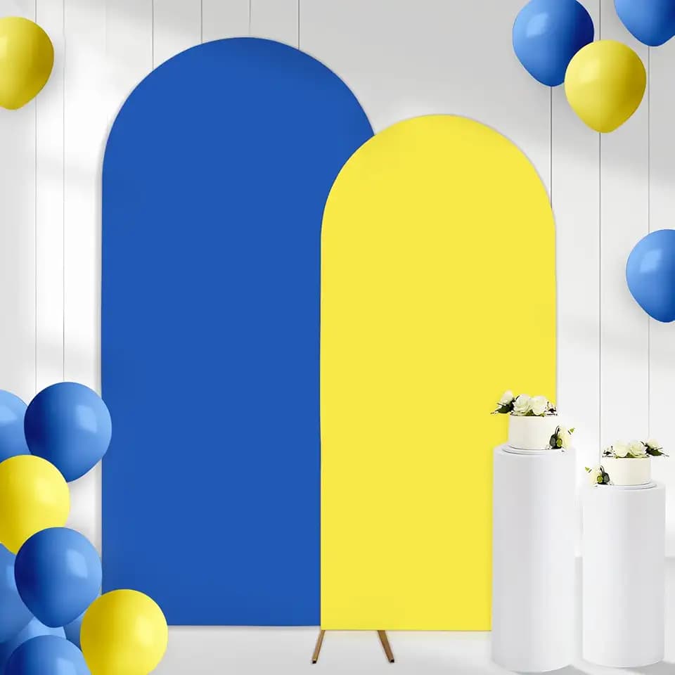 2PCS Arch Backdrop Covers Sapphire Blue Yellow (7.2ft+6ft) , 2 Sided Spandex Fitted Arch Stand Covers Background for Wedding Baby Shower Birthday Bridal Shower Party Decor(Only Covers)