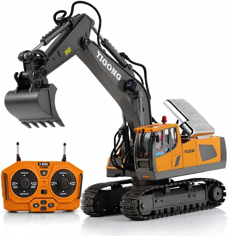 Ferngesteuerter Bagger, 2,4 GHz RC Bagger Spielzeug für Kinder Jungen, mit Metall Schaufel, 680° Drehung, Lichtern und Toneffekte, 2 * 1200mAh Rechargeable Batterien