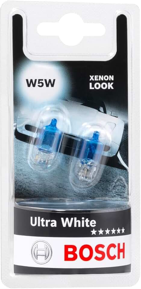Bosch W5W Ultra White Halogen-Glühlampe für Auto-Scheinwerfer, 12 V 5 W, mit modernem weißem LED-Look - Lampensockel Typ W2,1x9,5d - 2er-Pack Ersatz-Scheinwerferlampen