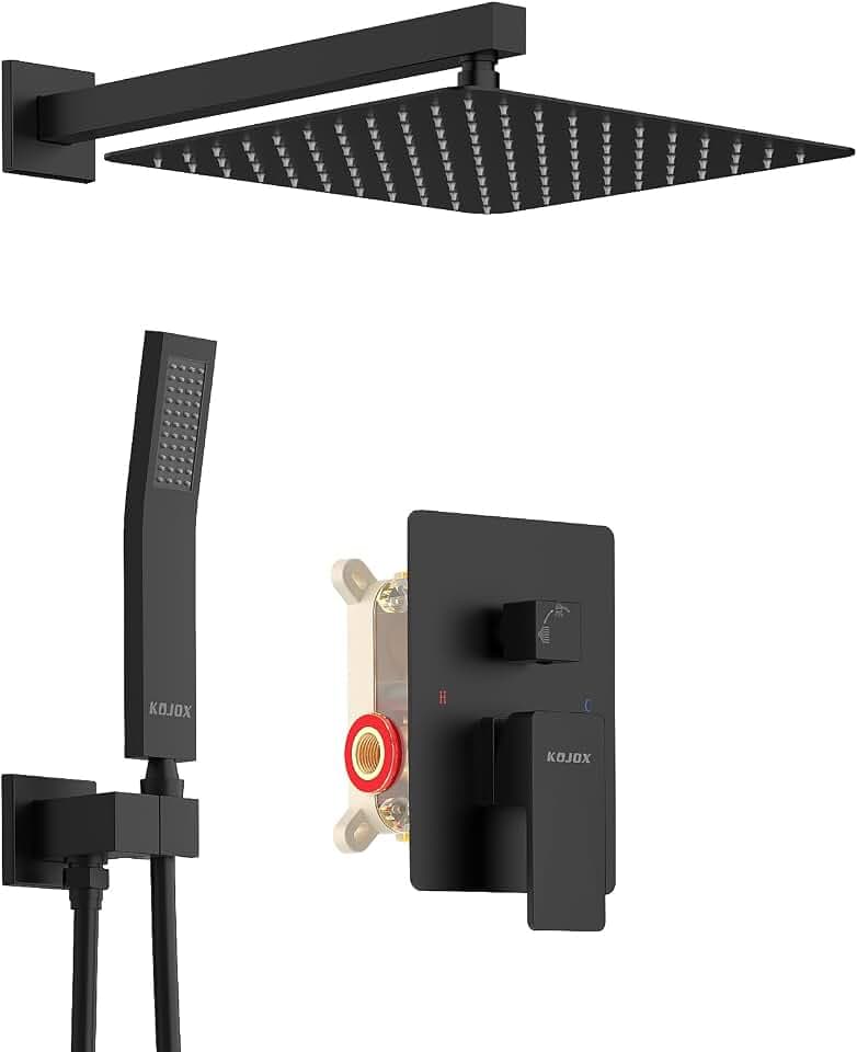 KOJOX 30,5 cm (12 Zoll) mattschwarzes Duschsystem mit Hochdruck-Regenduschkopf, Handbrause, Badezimmer-Mischbatterie Duschset Wandmontage Duscharmatur raues Ventil und Verkleidungsset