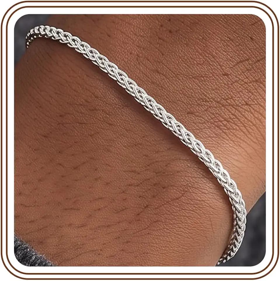 925 Sterling Silver Bracelet for Men, 3MM Wheat Chain Bracelets