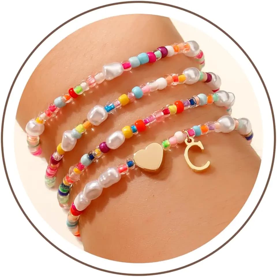 Colorful Initial Bracelets for Girls Kids - 4PCS Stretchable Beaded Pearl Heart Initial Charm Bracelets for Women Teen Girl Gifts Cute Stackable Kids Bracelets Jewelry Set Summer Beach Jewelry