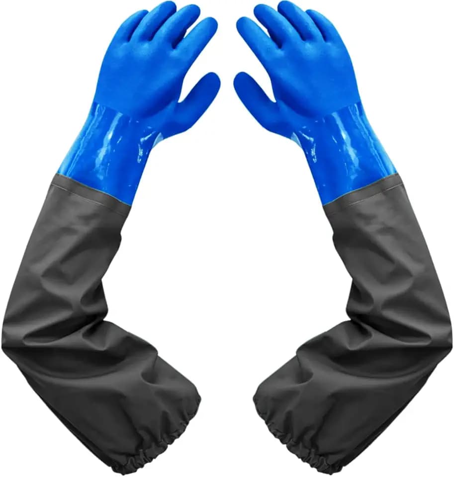 Haiou Teichhandschuhe Lang-Fischerhandschuhe-Teichpflege Handschuhe & Arbeitshandschuhe Wasserdicht, PU Handschuhe Sandstrahlen, Beständig Säuren und Laugen, 65cm (Blau)