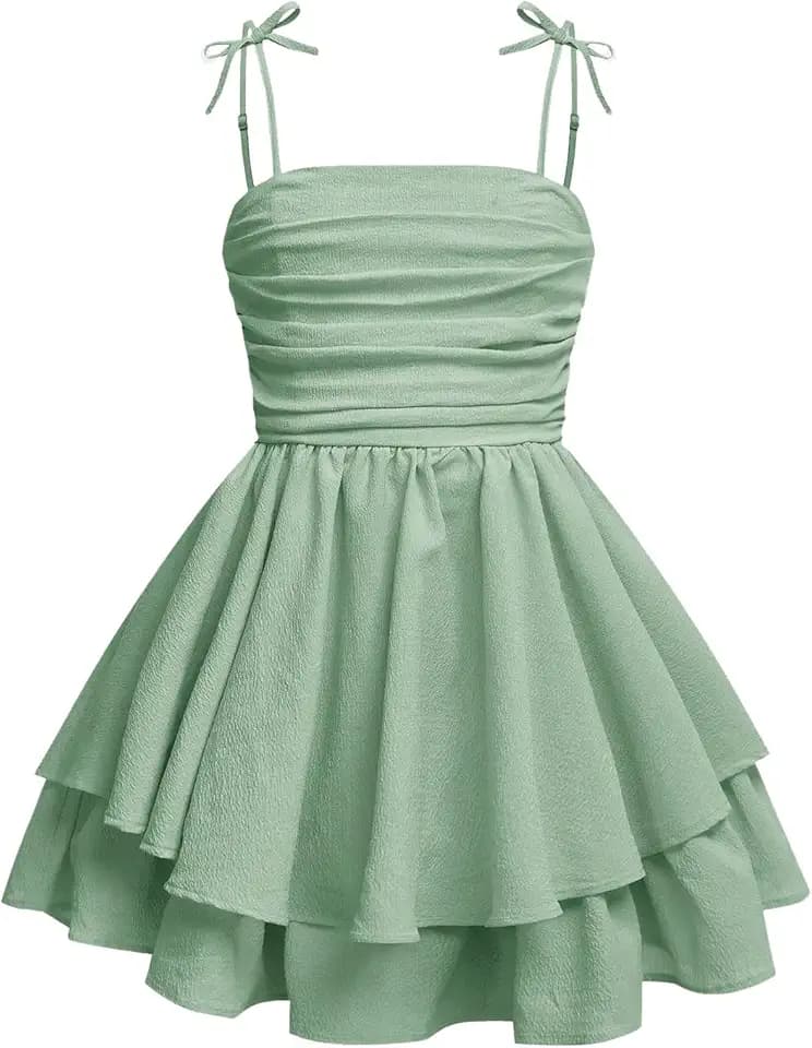 RoseSeek Girl's Flowy Ruched Layered Ruffle Smocked Summer Cami Dresses