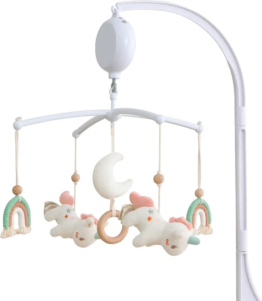 Mobile Baby,Baby Spieluhr mit 35 Musik,Einstellbare Lautstärke,Einfach anzubringen,Stoppt nach 30 Minuten automatisch,Perfekte Geschenk Für Jungen und Mädchen(Weiß-Einhorn)