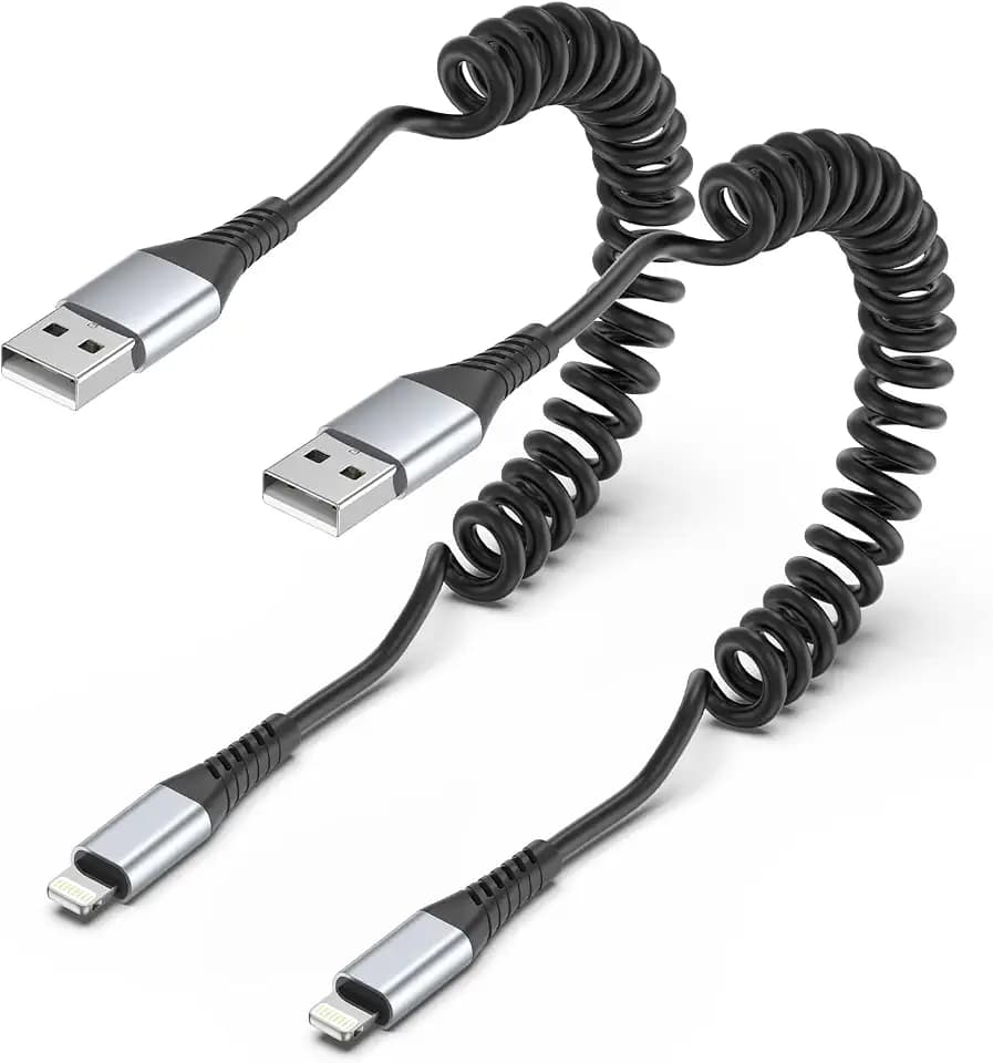 Coiled Lightning Cable for Car, 2 Pack 3FT Retractable iPhone Charger Cord