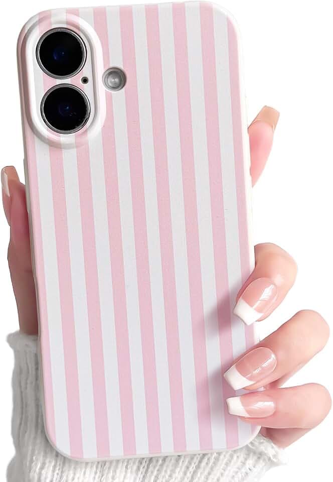 Lovmooful for iPhone 16 Plus Case Cute Color Striped Design-Pink&White