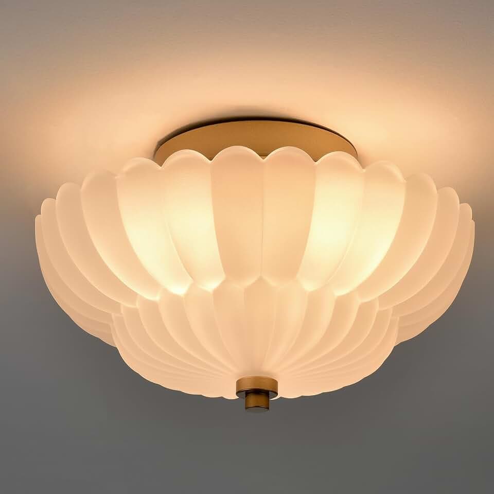 HYDELITE Gold Flush Mount Ceiling Light with Scalloped Frosted Milk Glass