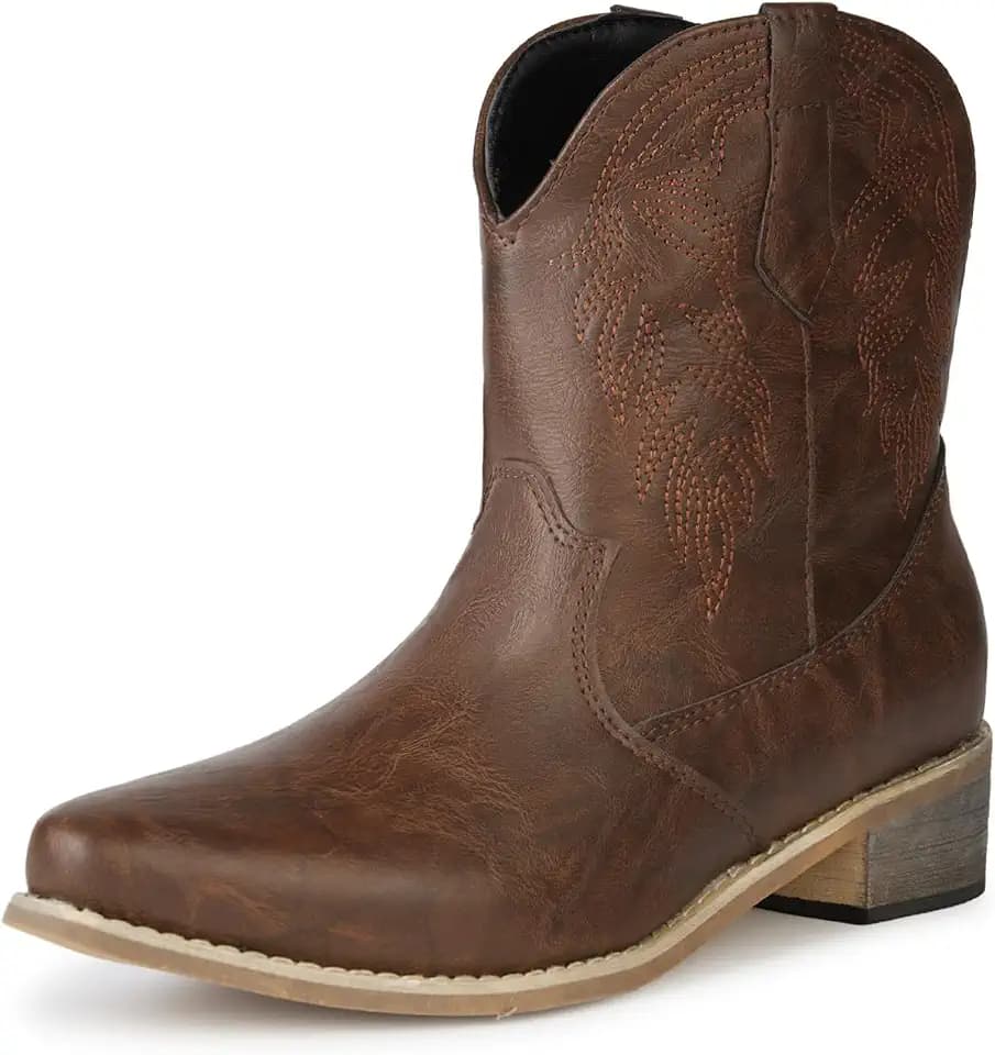 Remxi Western-Cowboystiefel für Damen, Stiefeletten, niedrig, klobig, spitzer Zehenbereich, Cowgirl-Stiefel, PU-Leder