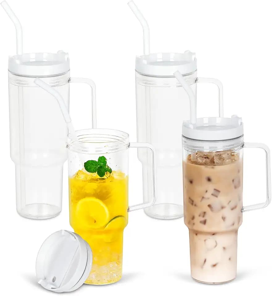 4 Pack Clear 40 Oz Tumbler with Handle, Acrylic Cups with Lids and Straws