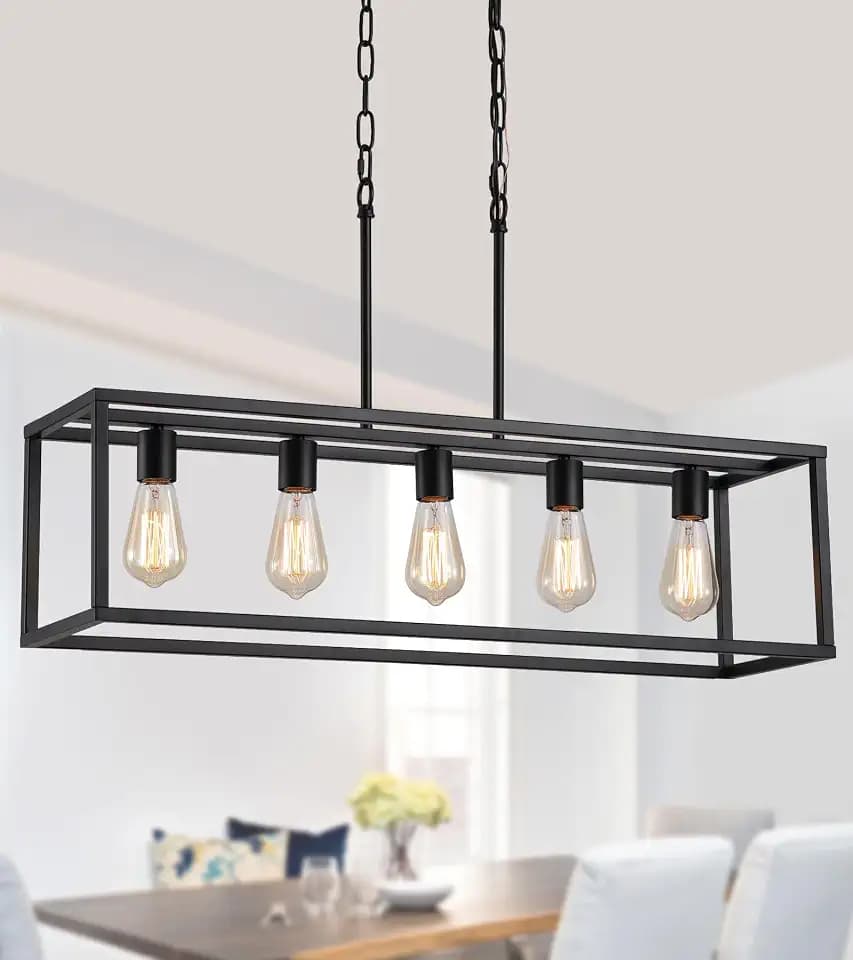 AMZASA Black Rectangle Kitchen Island Lights Rectangular Modern Industrial Chandelier for Dining Room 5 Lights Linear Vintage Cage Light Fixtures UL Listed
