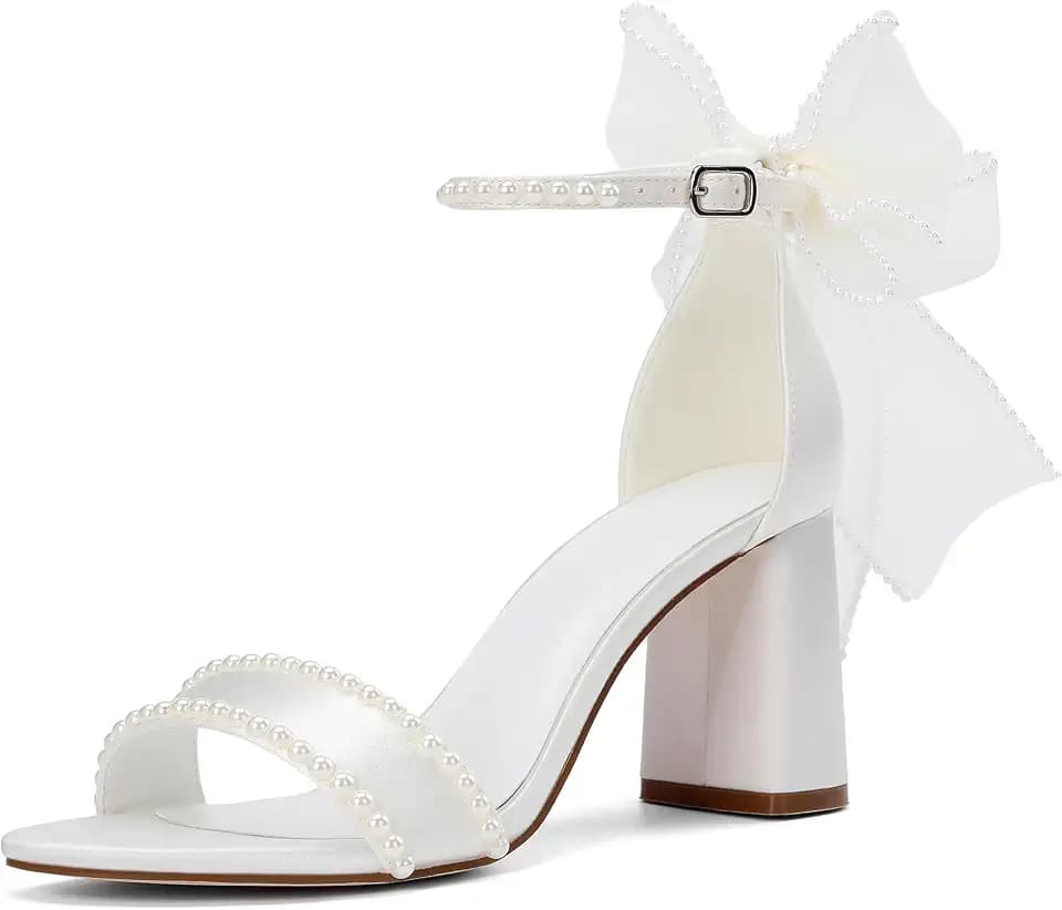 Women's White Pearl Bridal Shoes, Open Toe Block Heels with Bow