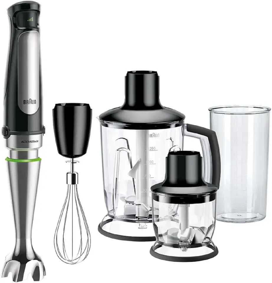 Braun MultiQuick 7 MQ 7045X Stabmixer - Pürierstab mit abnehmbarem Edelstahl Mixfuß mit ActiveBlade Technologie zum Pürieren der härtesten Zutaten, inkl. 4-teiliges Zubehör Set, 1000 Watt, Schwarz