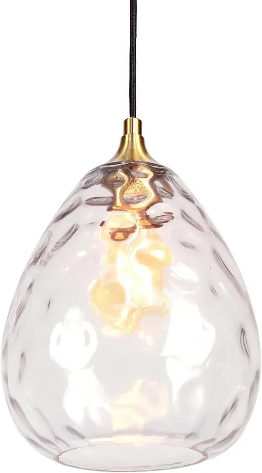 Gold Pendant Lighting with Clear Hammered Glass Shade, 1-Light Art Deco Hanging Lamp for Kitchen Island, Dining Room, Bedroom (Clear Glass Shade)