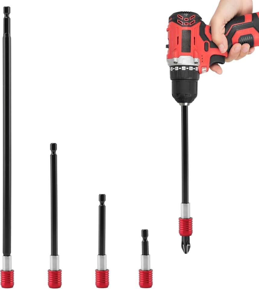 Drill Bit Extension 2/4/6/12", 4Pcs Magnetic Bit Holder, Drill Extension Bits Holder 1/4" Hex for Impact Driver CRV Steel Quick Release for Screwdriver Bits Nut (COLOR:Red)