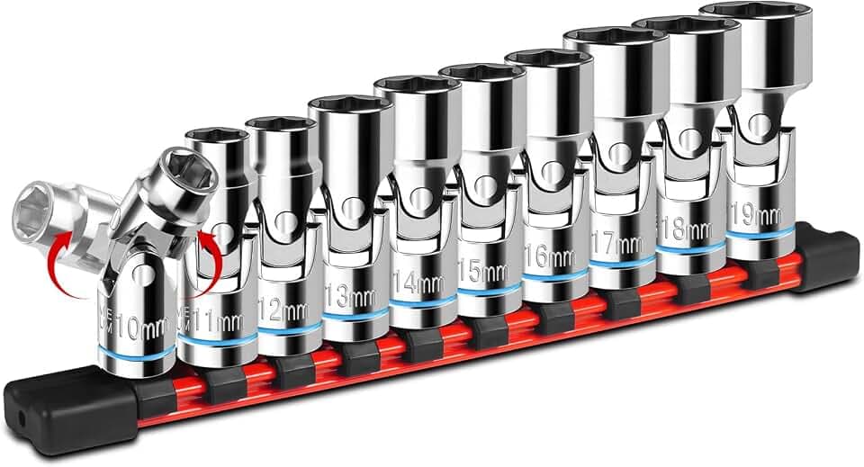 ZHAX 3/8” Drive Universal Flex Socket Set, 10-Piece Metric (10-19mm) Swivel Socket, 6-Point With CR-V Steel for Tight Spaces
