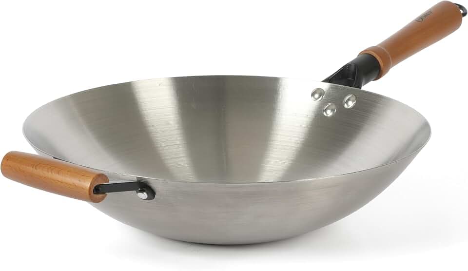 Oster Sangerfield 14-Inch Stainless Steel Wok With Wood Handles, Durable Non-Stick Stir Fry Pan for Gas and Electric Stovetops
