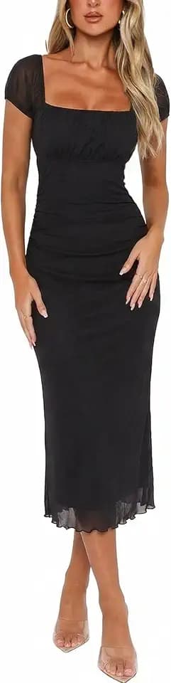 Relipop Women's Summer Midi Dress 2026 Floral Causal Square Neck Bodycon Mesh Ruched Short Sleeve Beach Vacation Long Dresses