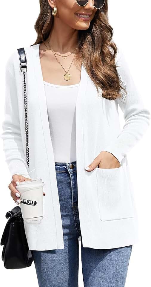 BEIGAI Damen Strickjacke Elegant Casual Leichte Strickpullover Herbst Langärmelige Cardigans mit Taschen,Weiß,L