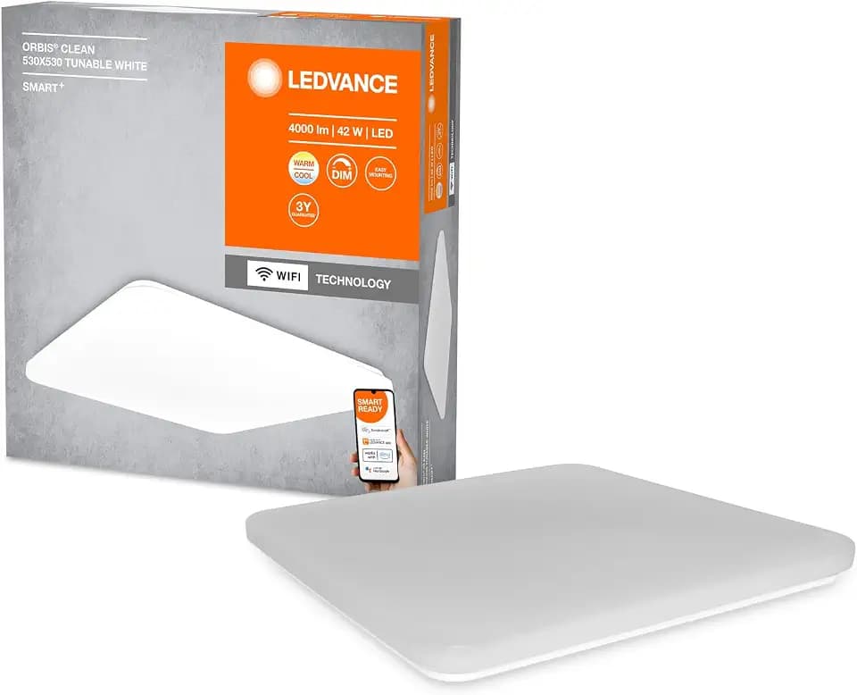 LEDVANCE ORBIS CLEAN SMART+ Wi-Fi 53x53cm, dimmbare LED Deckenleuchte, LED Lampe für Wohnbereich, 42W, Farbtemperatur von 3000-6500K, 4200 Lumen, flaches Design, App Steuerung