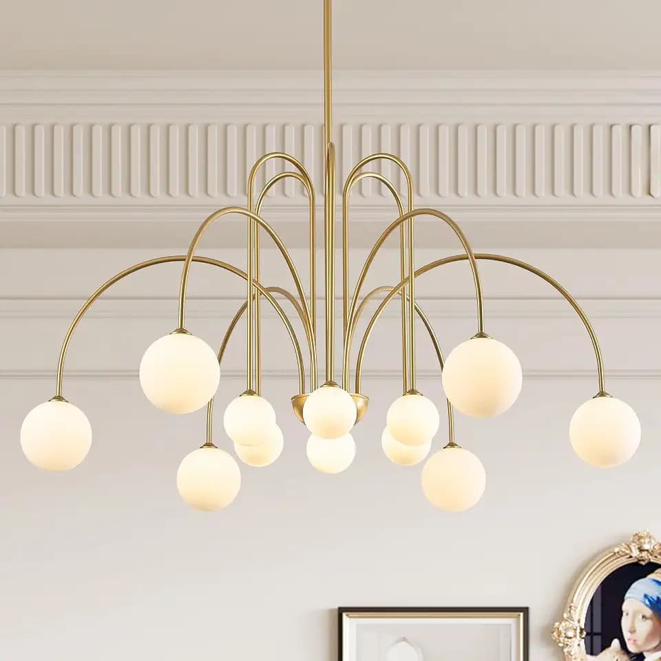 CATINER Modern 52" 12-Light Gold Sputnik Chandelier with Milk Glass Globe