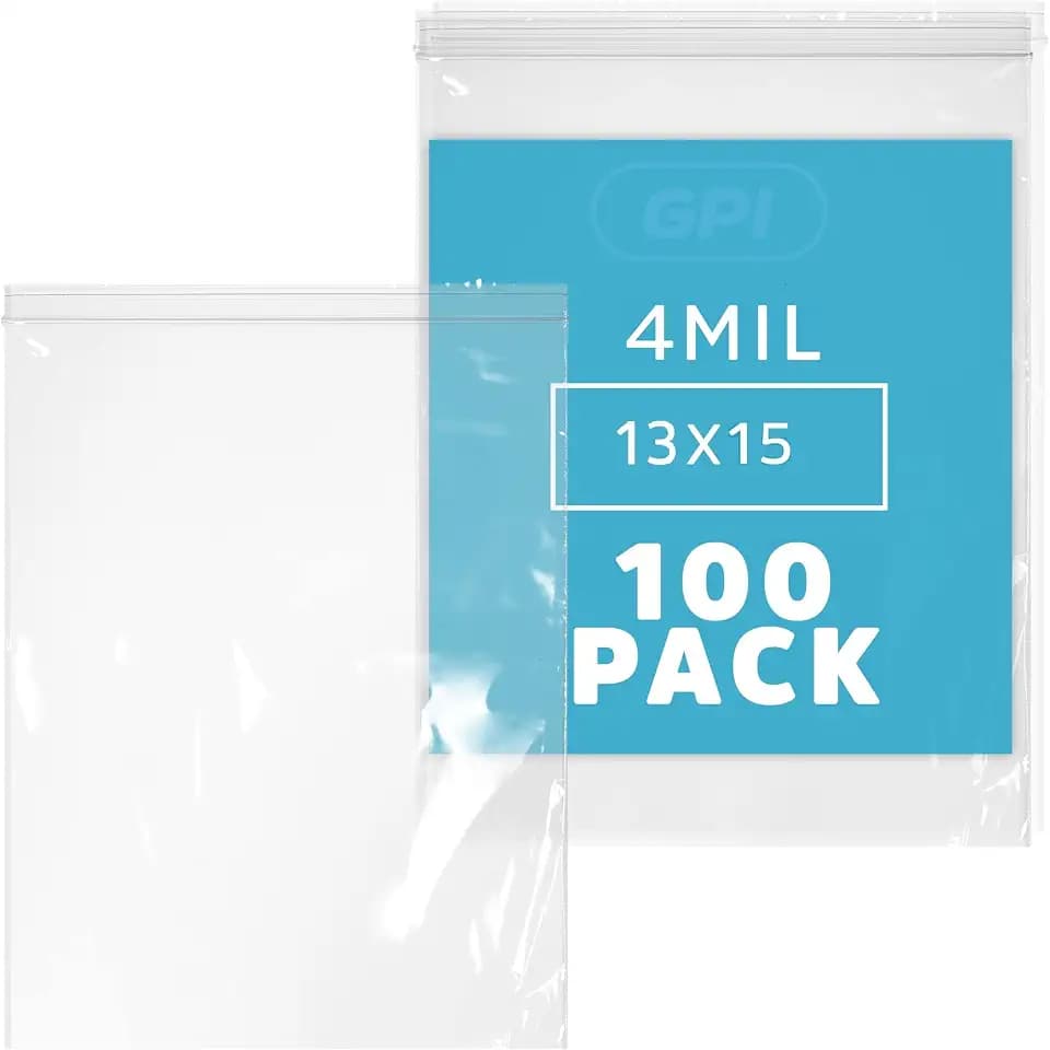 GPI - 13" X 15", 2 Gallon Large Zip Bags, Heavy-Duty 4 Mil, Pack Of 100, Clear Plastic Reclosable Zipper Lock Poly Baggies, With Resealable Zip Top Lock For Food Storage, Clothing, Tools & Heavy