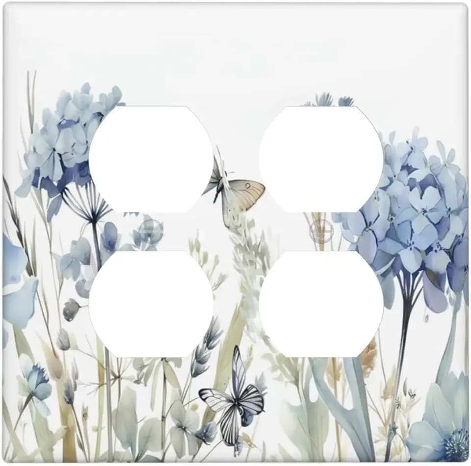Decorative Outlet Covers Rustic Blue Floral Hydrangea Watercolor Wildflower 2 Gang Light Switch Cover Plate Double Duplex Wall Plates for Electrical Outlets Switch Plate Covers for Home Decor