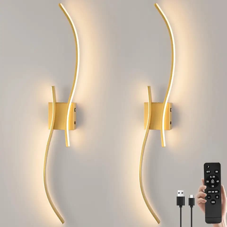 CANEOE Battery Operated Wall Sconce Set of 2, 18000mAh Gold Rechargeable Wall Lights with Remote Control,3000K-6000K Dimmable LED Wireless Wall Light for Living Room Bedroom Hallway,39.3 Inch (Gold)