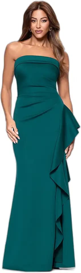 Xscape Women's Scuba Crepe Strapless Ruffle Slit Floor Length Dress (Petite)