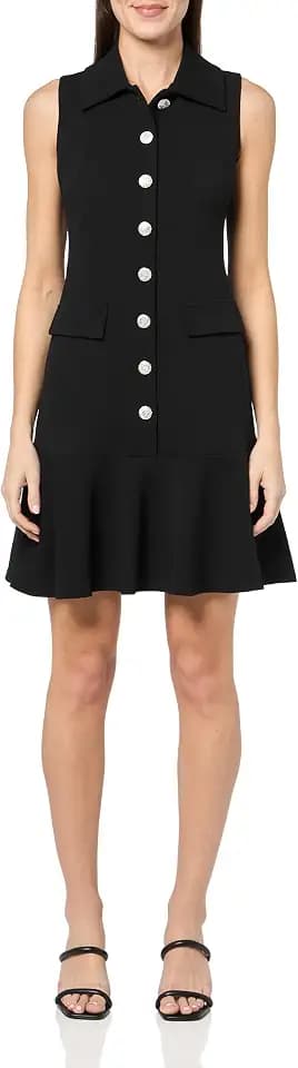 KARL LAGERFELD Women's Embellished Buttons Sleeveless Collared a Line Dress