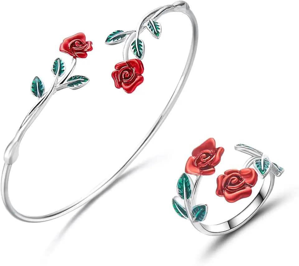 Vintage Rose Garden Collection Jewelry Set for Women 2pcs Red Roses and Green Leaves Bracelet Fashion Pink Flower Ring Wedding Valentine's Day Party Gift