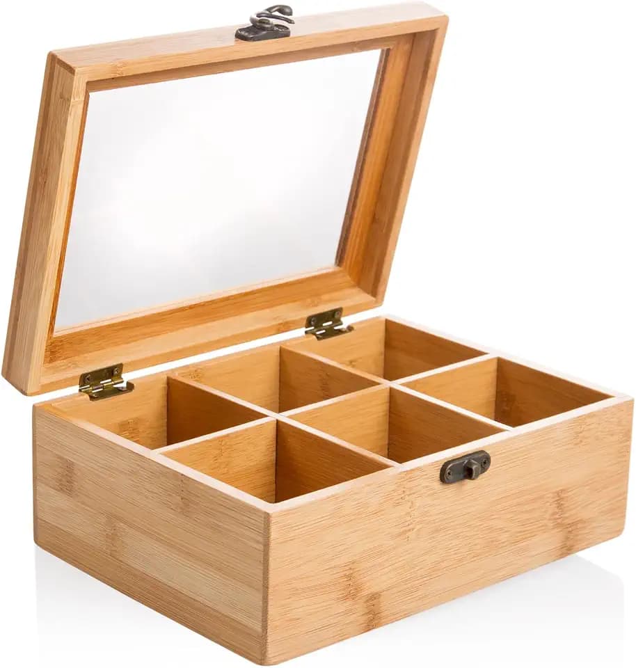 wenco 555128 Teebox, 6 Fächern, Teeaufbewahrung aus Bambus, Teebeutel Organizer, 175 Grams, Hellbraun