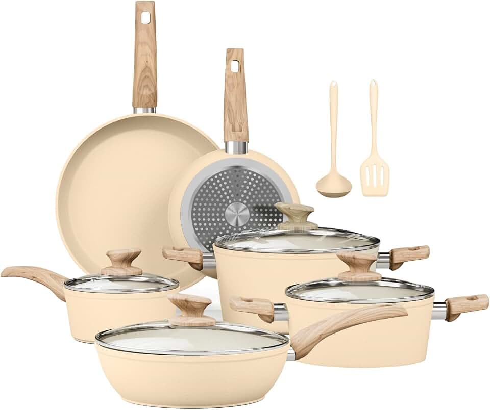 Kitchen Academy 12-teiliges beiges Granit Antihaft-Kochset für Induktion, PFOA/PFOS-frei, inkl. Bratpfannen & Töpfe, für alle Herdarten