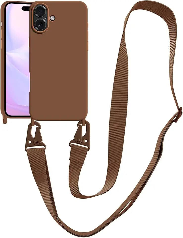 Compatible with iPhone 16e/ 17e Case with Lanyard Crossbody iPhone Case with Strap Adjustable Shockproof Drop Protection Silicone Phone Cover for iPhone 16e/ 17e 6.1’’ Brown