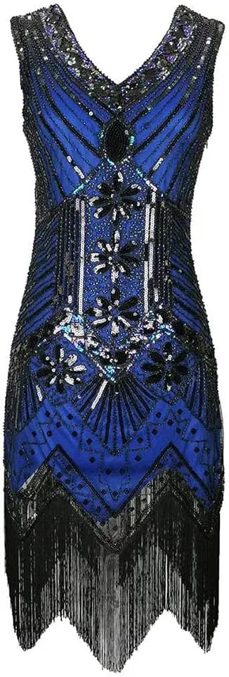 1920s flapper gatsby sequins fringe v-neck long dress black/blue womens girls 20s style fancy beads costume size 6/8/10/12/14/16