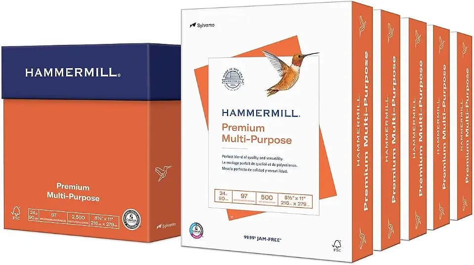 Hammermill Printer Paper, Premium Multipurpose Paper 24 lb, 8.5 x 11-5 Ream (2,500 Sheets) - 97 Bright, Made in the USA, 105810C