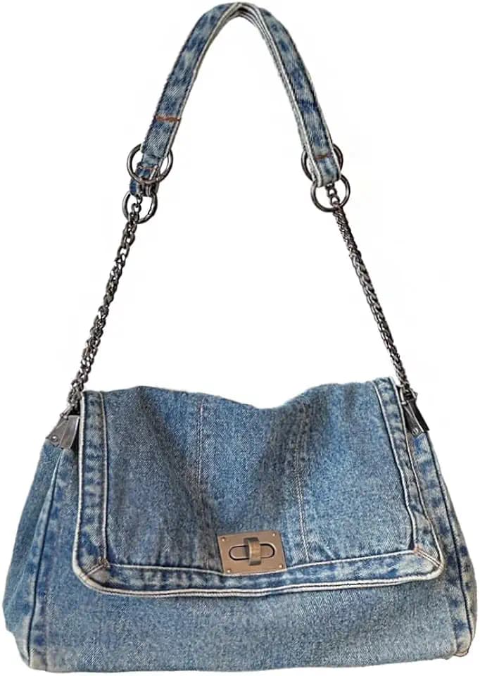 KlaOYer Denim Shoulder Bag for Women Jean Tote Bag Adjustable Chain Strap Crossbody Bags Y2k Trendy Hobo Purse Handbag