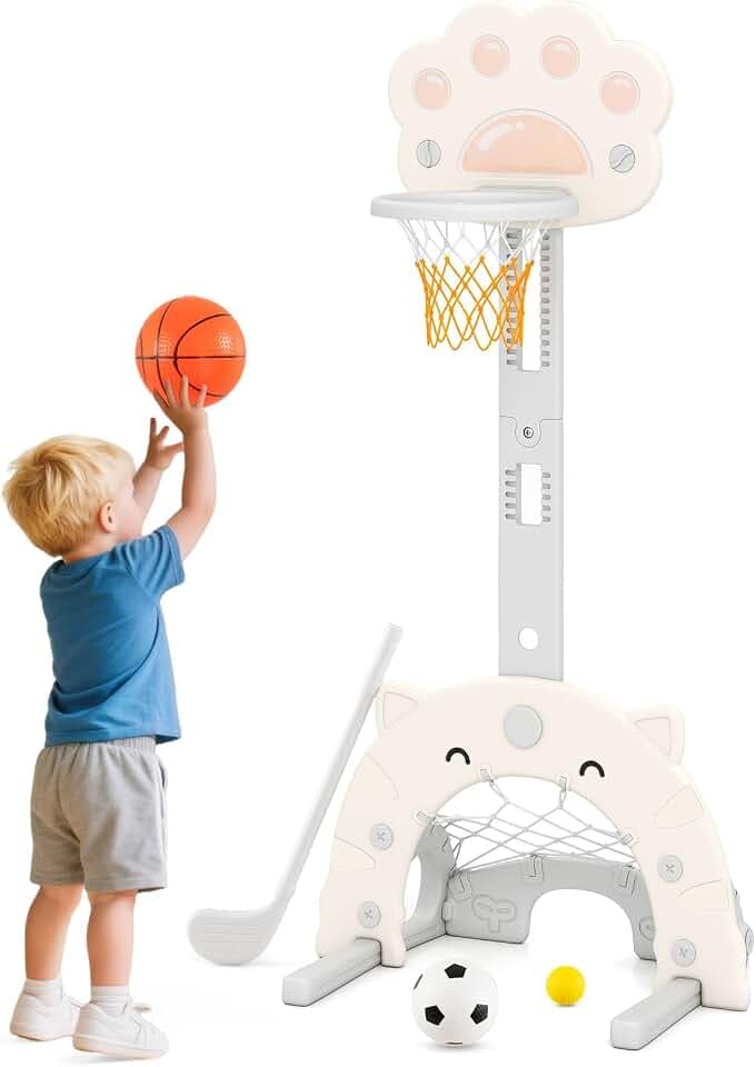 FANTASK Kinder Basketballkorb Set, 3 in 1 Basketballständer höhenverstellbar mit faltbarem Korb für Basketball Fußball Golfspiel, Multifunktions Spielkorb Indoor Outdoor für Kinder ab 3 Jahren, Beige