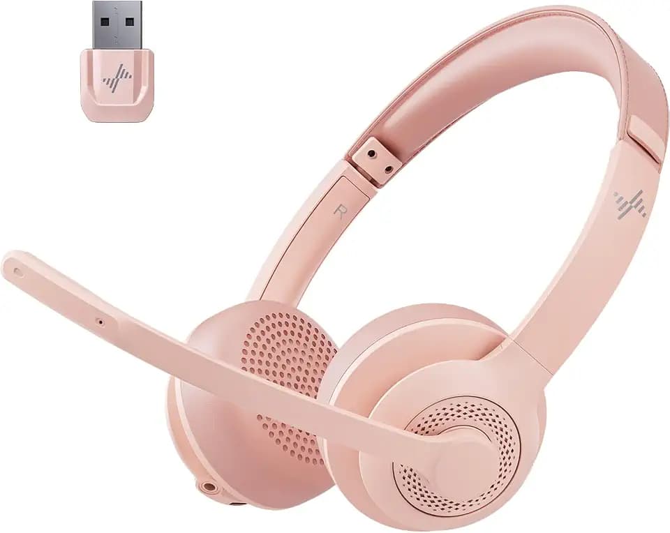 JIAMQISHI Wireless Headset with AI Noise Cancelling Microphone Bluetooth Headset - Bluetooth V5.2 Headphones with USB Dongle & Mic Mute for Computer/Laptop/PC/iPhone/Android/Cell Phones (Pink)