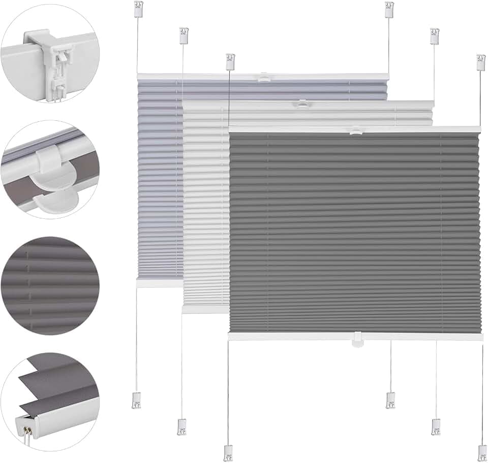 Sekey Plissee ohne Bohren Verdunkelung, Fenster Plissee Klemmfix Jalousie 70 cm breit, Verspannt Blickdicht Sonnenschutz Fensterollo, 70x210cm, Dunkelgrau