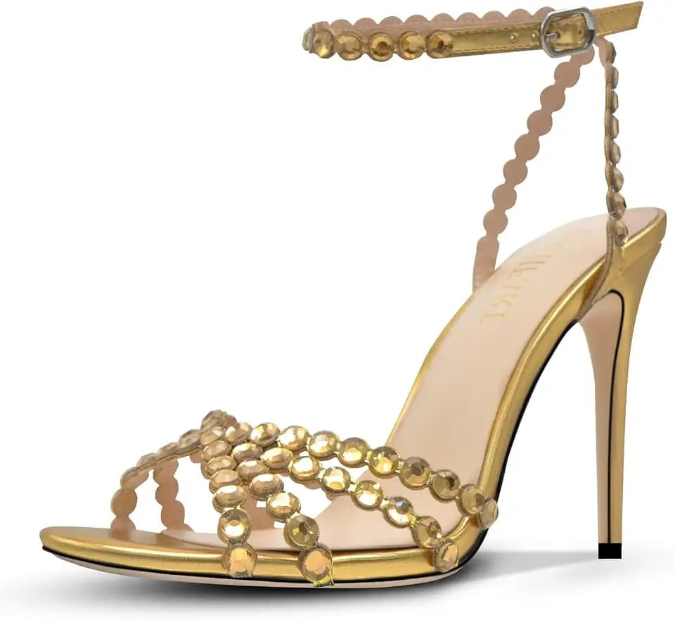 HOCHFART Women's Rhinestone Stiletto High Heels Buckle Strappy Heeled Sandals Round Toe Sexy Dressy Pumps Shoes