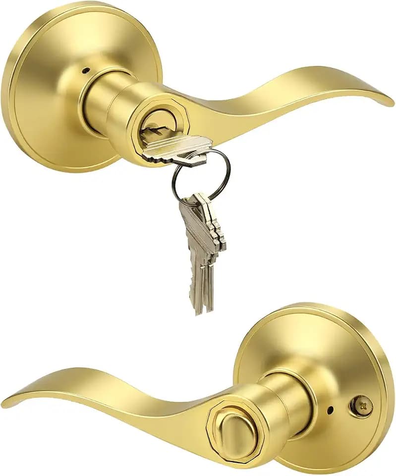 KNOBWELL 1 Pack Keyed Entry Door Handle with Lock and Key, Gold Door Knob for Front/Entrance/Bedroom, Reversible for Left and Right
