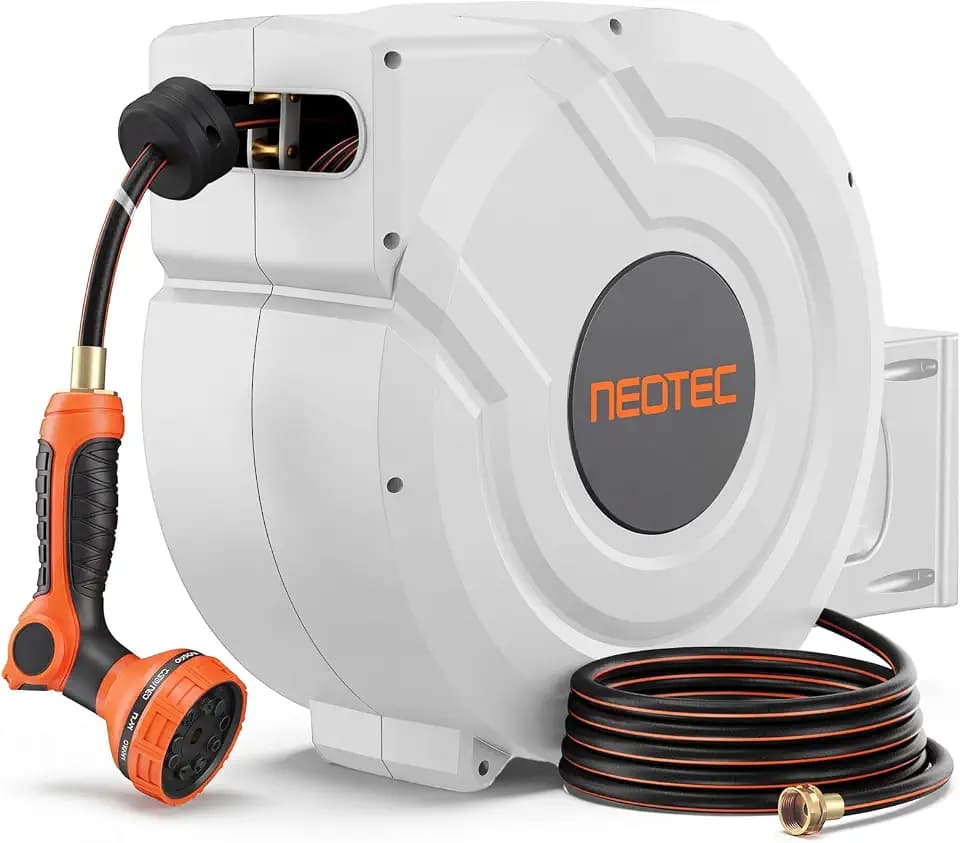 5/8 inch 100ft Retractable Garden Hose Reel with Any-Length Lock Slow Auto Rewind Heavy Duty Hose Reel With 9-Pattern Nozzle 180° Swivel Bracket UV Resistant Wall Mounted Hose Reel for Outside