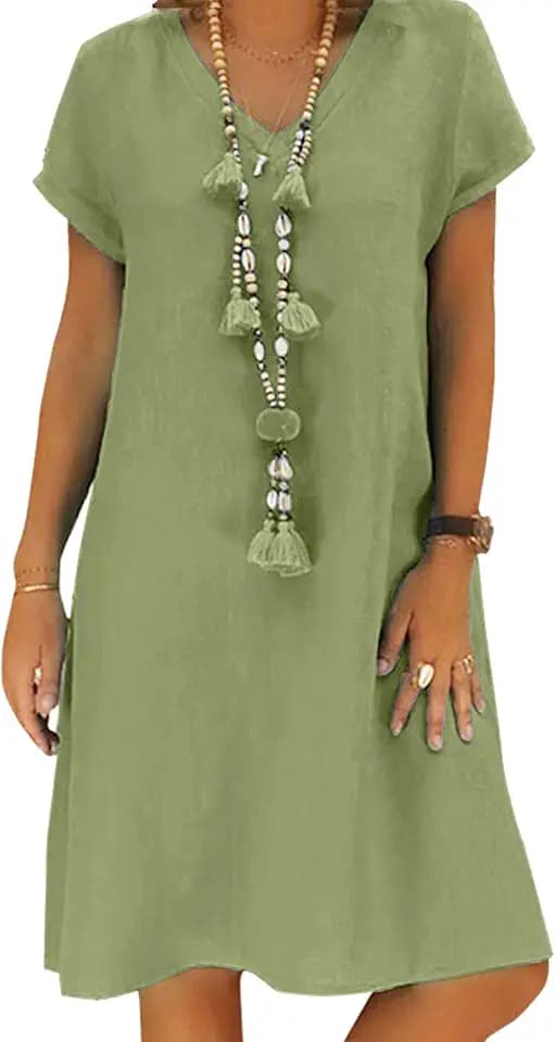Tincini Sommerkleid Damen Leinen Kleider Casual V-Ausschnitt Midikleid Kurzarm A-Linie Kleid Strandkleid Ohne Zubehör