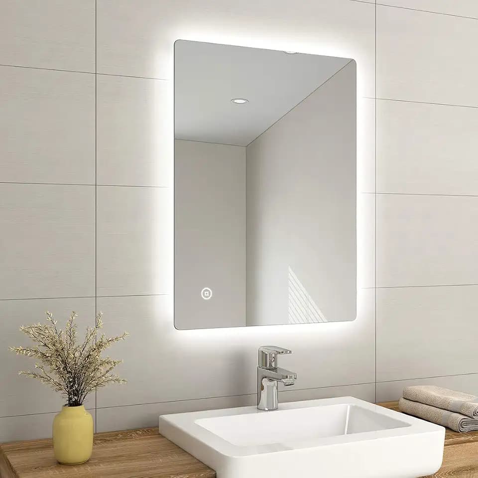 Emke LED-Beleuchteter Badezimmerspiegel, LED-Spiegel, Beleuchtung mit Sensor und Entnebler, Aluminiumlegierung, 800 x 600 mm Style 9-Touch+Demister, 800 x 600mm