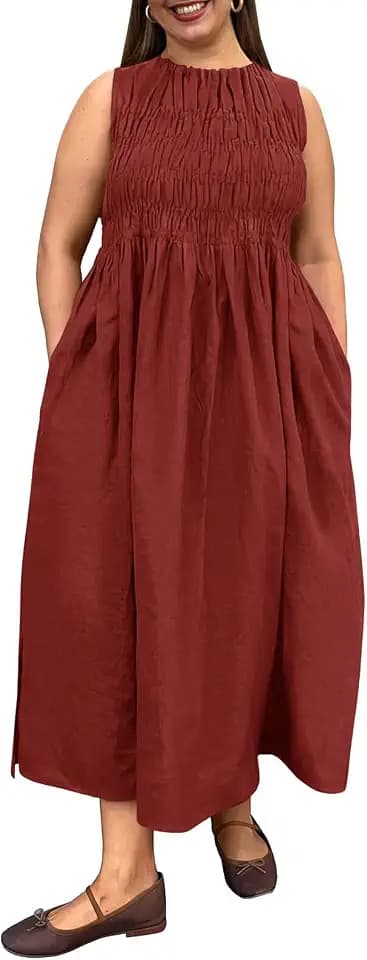 Beautife Women's Plus Size Maxi Dress Summer Casual Sleeveless Ruched Crewneck Sundresses with Pockets