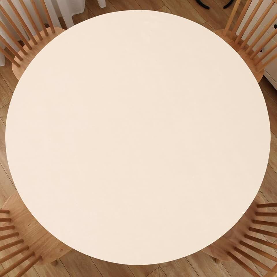Round Fitted Tablecloth with Elastic Edge, Waterproof Plastic Table Cloth, Flannel Backed Vinyl Tablecloths Fits 27" - 32" Round Tables for Dining, Camping, Indoor and Outdoor, Beige