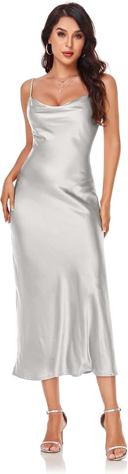 Women's Spaghetti Strap Midi Satin Silk Dresses Slip Cowl Neck Party Cocktail Evening Sexy Dress