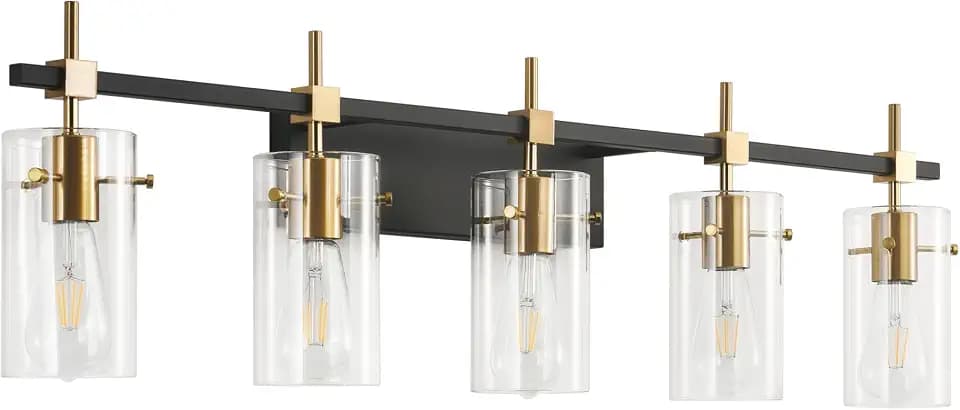 SOLFART 40.1 inch Vintage Brass Bathroom Vanity Light fixtures Bathroom Wall Lights Over Mirror with Glass Shade 5 Light